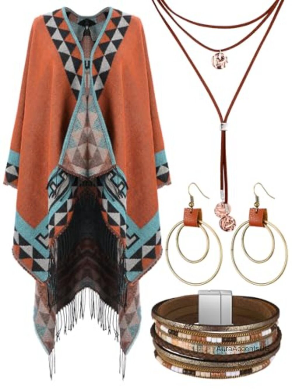 Boho Indian Costume Jewelry Set - Poncho Shawl, Necklace, Earrings, Bracelet